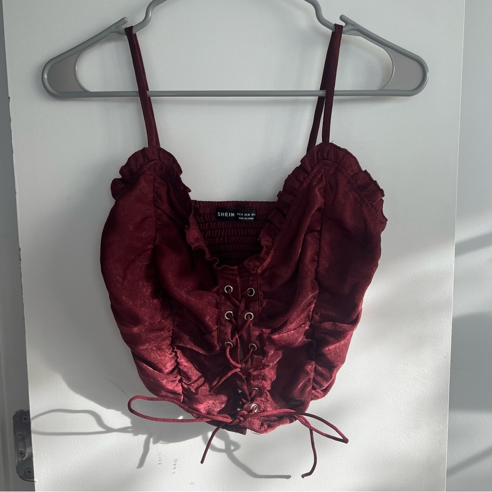 Shein Burgundy Lace-Up Crop Top